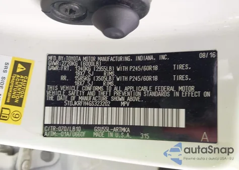 2016 Toyota Highlander Xle V6 z USA, uszkodzony, nr VIN 5TDJKRFH4GS323202